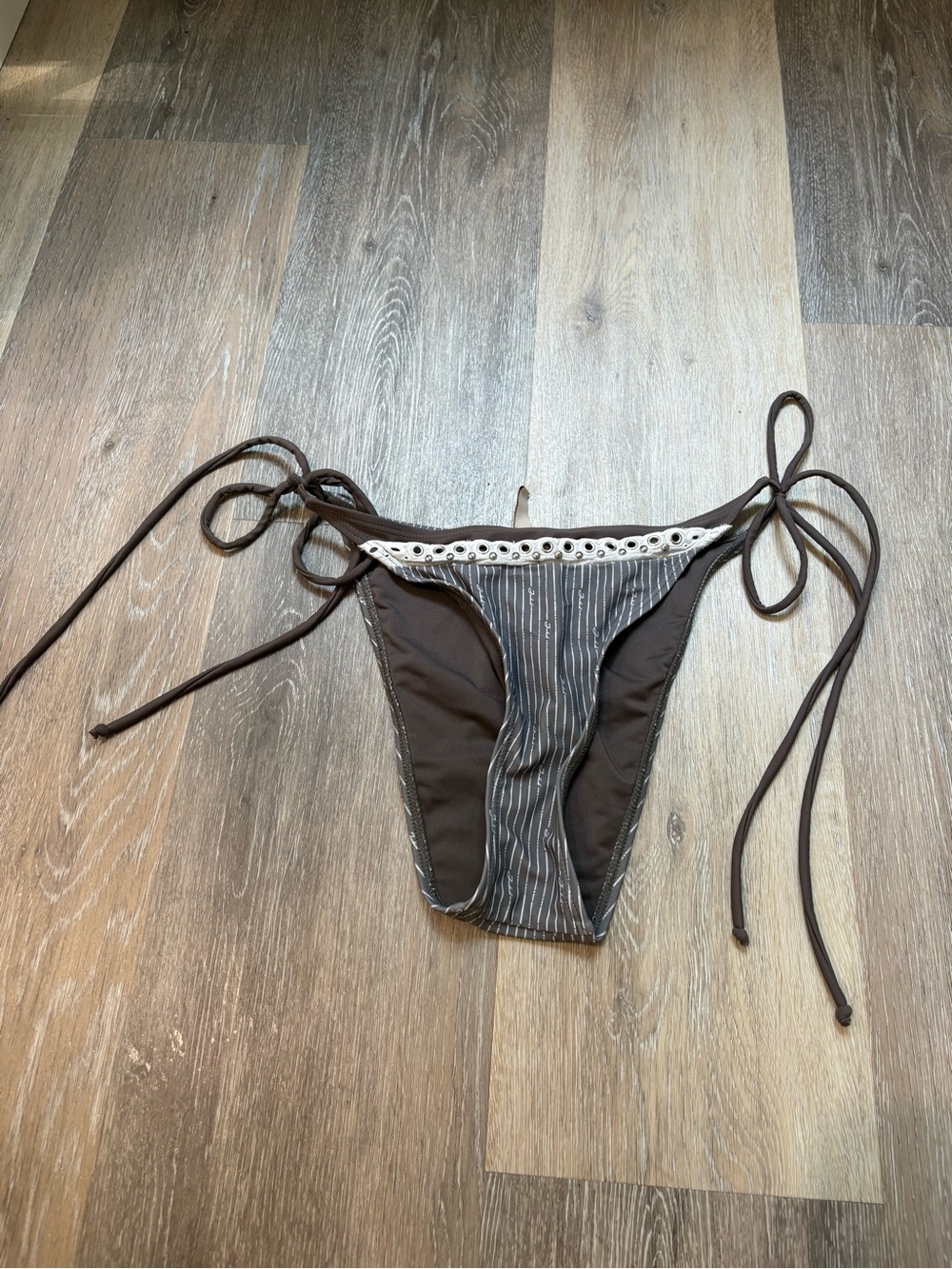Jaded London Brown Stripe Tie-Side Bikini Bottom with Eyelet Trim